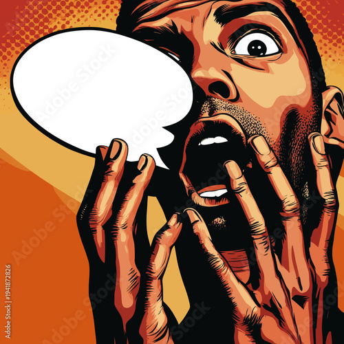 In a comic retro pop art style, a young surprised Afro American man wearing a t-shirt is shown with his mouth open and hands rising, set against a modern background, with an empty speech bubble,