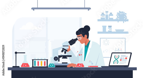 Female Scientist Studying DNA with Microscope in Modern Laboratory Setting