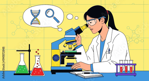 Female Scientist Studying DNA with Microscope in Laboratory