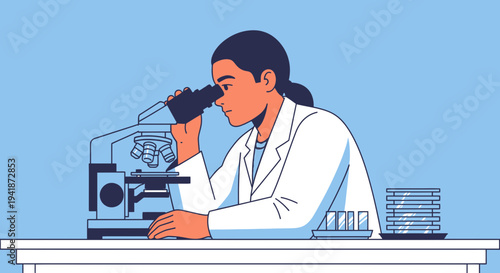 Female Scientist Studying Medical Samples with Microscope in Laboratory