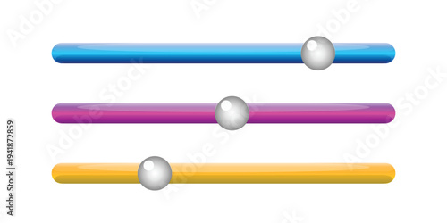 A colorful graphic design featuring three horizontal bars with spheres