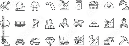 Set of icons related mining, coal, industry. Editable stroke. Vector
