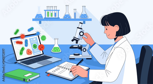 Female Scientist Studying Microorganisms in Laboratory with Laptop and Microscope