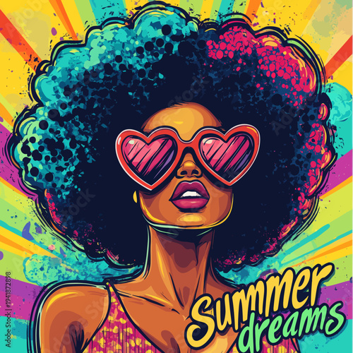 The pop art face is that of a sexy woman with curly black afro hair and an open mouth, wearing heart-shaped sunglasses with summer inscribed on them, all set against a modern, colorful background