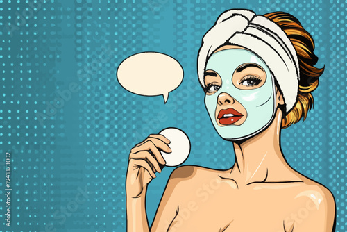 The pop art retro comic style illustration features a sexy young woman who is a housewife, with an open mouth, dressed in a bath towel, and adorned with a cosmetic mask, as she clutches a slice of