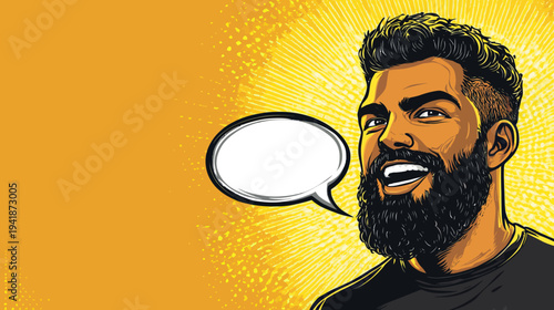 A modern template featuring a pop art explosion in comic book style, set against a yellow backdrop with halftone dots, cloud beams, and isolated dots, providing a blank layout suitable for creating