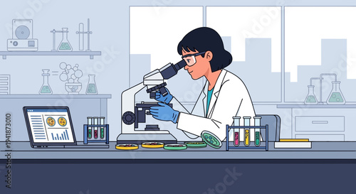 Female Scientist Studying Samples in Laboratory with Microscope and Laptop
