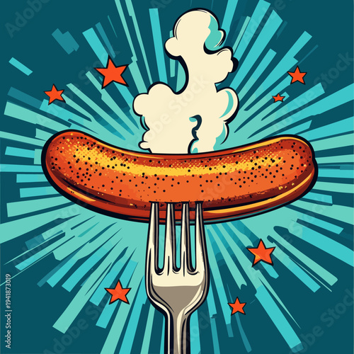 Retro pop art comics are the inspiration for this illustration of grilled sausage on a fork