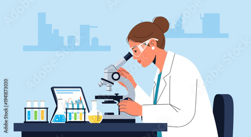 Female Scientist Studying Sample with Microscope in Laboratory