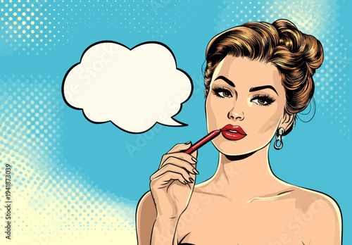 A modern female portrait in the style of vintage comics and pop art shows a woman with open eyes, who is dreaming, and includes a speech bubble