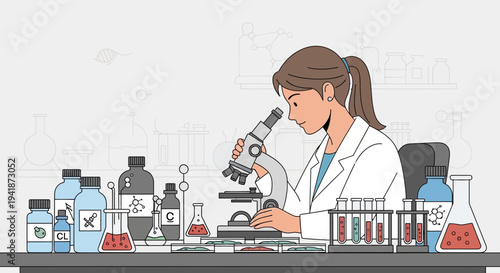 Female Scientist Studying Specimens Through Microscope in Laboratory Setting
