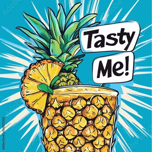 This modern illustration, created in a colorful comic retro style, features a pop art background and a tropical cocktail served in a pineapple with an orange slice, drinking straws, a cocktail