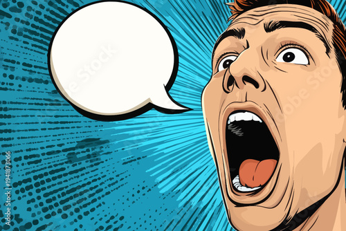 A comic bubble contains the hyper-expressive face of a cartoon man