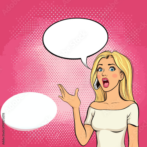 A pop art retro comic style illustration, with a modern spin, features a blonde woman whose disappointed and shocked face, with mouth open, is captured as she converses on the phone, her words