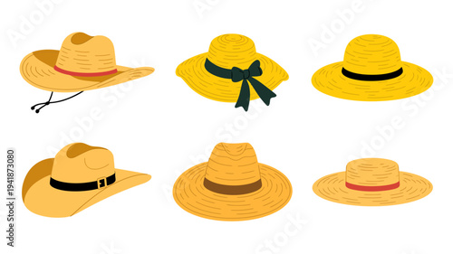 Collection of straw hats with different styles and decorative bands summer fashion