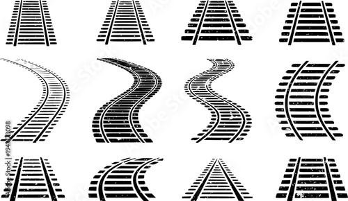 Collection of stylized black and white railroad tracks with grunge texture a white background