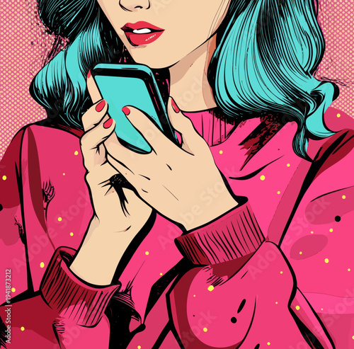 Pop art illustration featuring female hands that hold a mobile phone