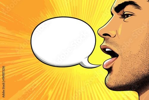The illustration, created in a pop art style, shows a girl with female lips and a blank speech bubble on a vibrant sunburst background with a dot halftone effect