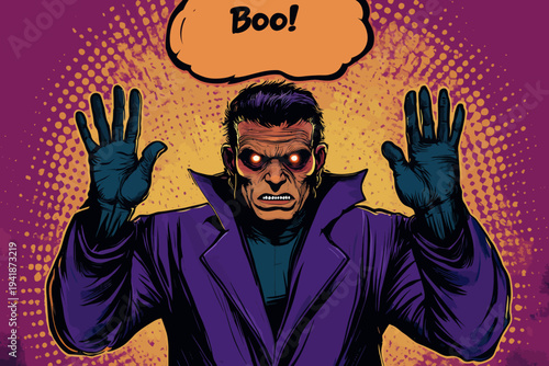 A colorful pop art background provides the setting for a hand-drawn cartoon zombie, its brains exposed, as it rises its hands and utters 'Boo!' in a speech bubble, all in a retro comic style,