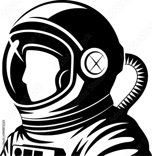 Stylized Black and White Astronaut Portrait with Helmet and Suit White Background