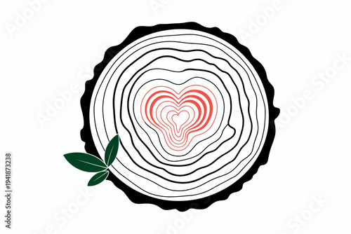 Tree ring cross section with concentric red heart shape and green leaves white background