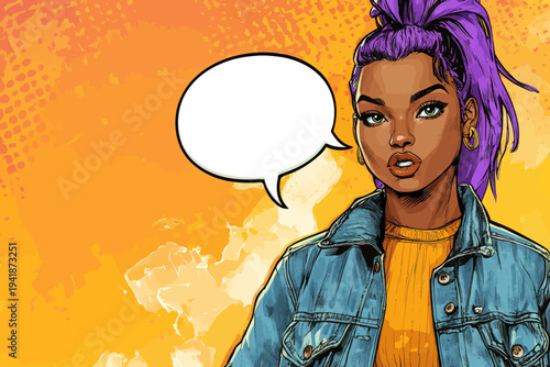 The profile of a young woman with dark skin and long purple hair is rendered in a modern pop art retro comic style, capturing her sexy and surprised expression as she smiles while telling a secret,