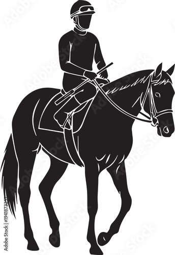 Jockey on horse vector silhouette illustration line art isolated on transparent background