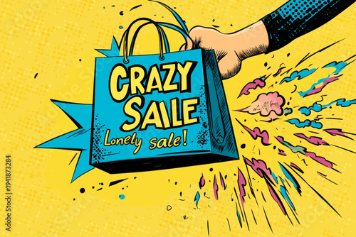 A modern, colorful illustration in the style of retro comics depicts a female hand holding shopping bags against a pop art background, along with a Crazy sale speech bubble, stars, clouds, and