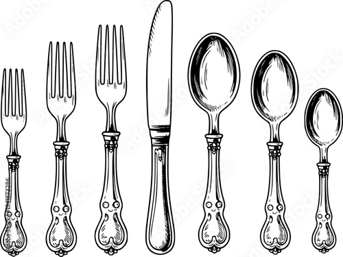 Vintage Cutlery Set Collection Detailed Line White Background silverware fork