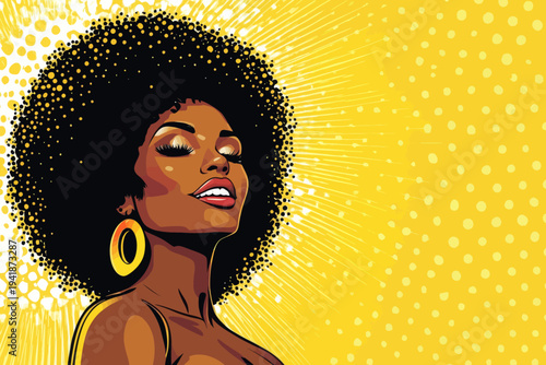 Sexy young black woman with an afro hairstyle and big earrings, illustrated in a modern pop art style with a halftone background and a retro comic aesthetic