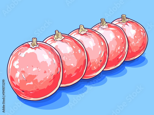 A pop art style flat lay photo presents a top view of a grapefruit pattern, with the fruit's pink flesh standing out against a turquoise background