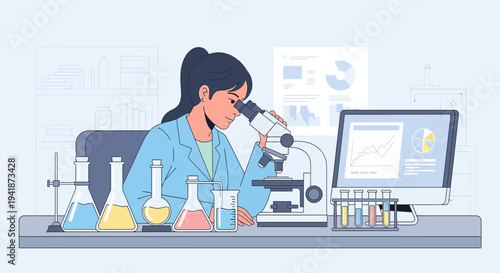 Female Scientist Using Microscope in Laboratory with Data Displays