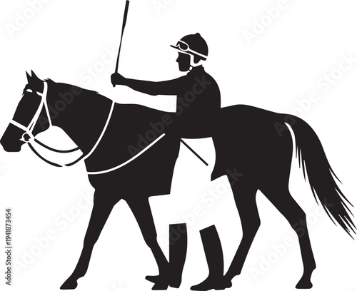 Jockey riding horse vector silhouette illustration, holding whip, line art detail