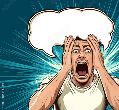 Panic, horror, and stress are vividly illustrated in a pop art retro comic style depiction of a shocked man, a modern conceptual representation