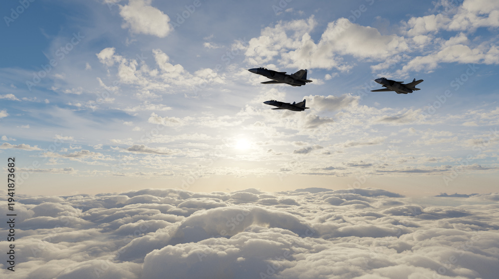 Naklejka premium Three Fighter Jets Flying in Formation Above Sunlit Clouds at Sunrise High Altitude