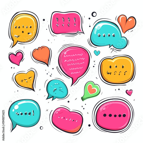 This modern set boasts a pop art retro style shout speech bubble, replete with a halftone pattern shadow, and punctuated by 'Bang, ouch' shouts and 'yeah' shouting text