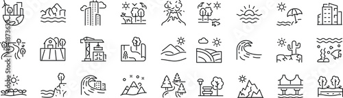 Set of icons related to landscape. Linear icon collection. Editable stroke. Vector