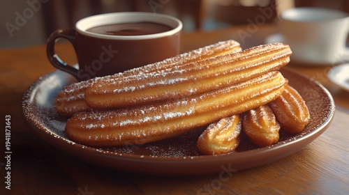 A plate of golden churros dusted with sugar served alongside a cup of rich chocolate hot drink on a warm wooden table for indulgent breakfast or dessert moments.