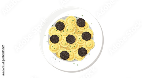 A white round plate filled with numerous small yellow ravioli, each topped with a round black truffle slice and green herbs, is viewed from above.