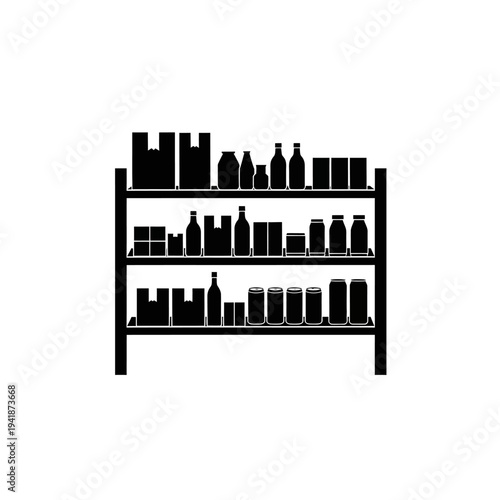 Pantry Shelves Silhouette with Food and Supplies.