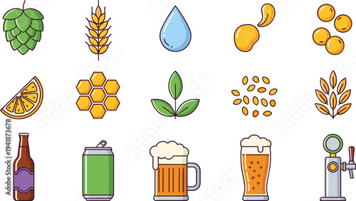 Beer and Brewing Ingredients Vector Icons Set Featuring Hops, Malt, Water, Honey, Fruit, and Beer Glasses for Brewery Designs, Labels, and Branding