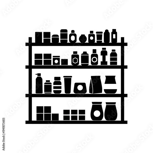 Pantry Shelves Silhouette with Various Food Items.