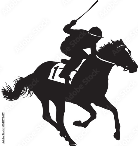 Jockey riding racehorse during competition vector silhouette illustration on white background