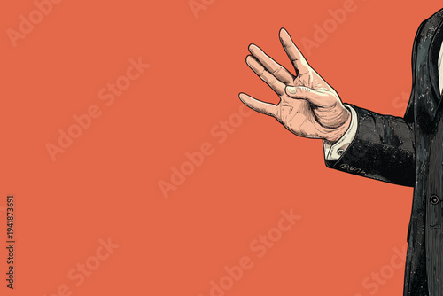 A modern pop art retro comic style illustration shows a businessman putting out his hand to give a stop order