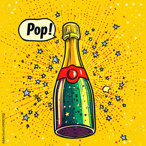 A modern holiday element is represented by a champagne bottle, complete with a flying cork and the Pop word, all in a comic book or manga style