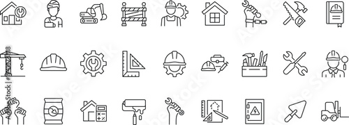 Set of line icons related to labor, construction, labour day, renovation. Outline icon collection. Vector