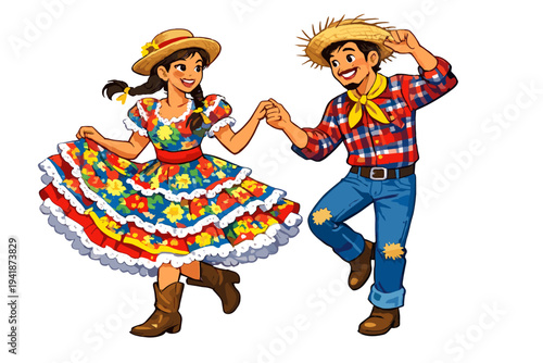 Couple dancing traditional Festa Junina quadrilha with lively attire