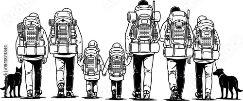Black and white line art of family hikers with backpacks and dogs walking isolated on white background for outdoor 