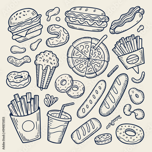 Hand-Drawn Fast Food Doodle Set – Sketch Style Snack & Street Food Vector Collection
