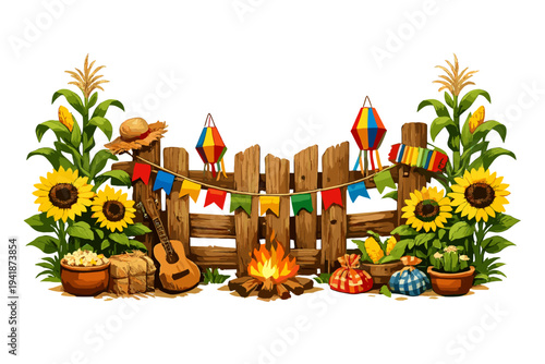 Rustic countryside fence with sunflowers and festa junina decorations